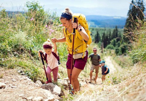Familie wandert mit ihren zwei kleinen Kindern einen steilen Bergpfad hinauf