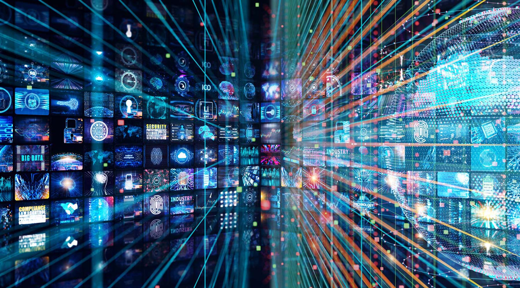 Ein digitales Netzwerk aus Bildern und Datenströmen, das die globale Vernetzung und den Fluss von Informationen darstellt.