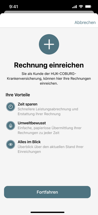 Bildschirmansicht der Gesundheits-App zum Einreichen von Rechnungen