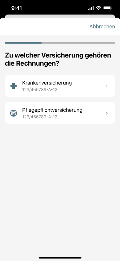 Bildschirmansicht Gesundheits-App: Auswahl der Versicherung