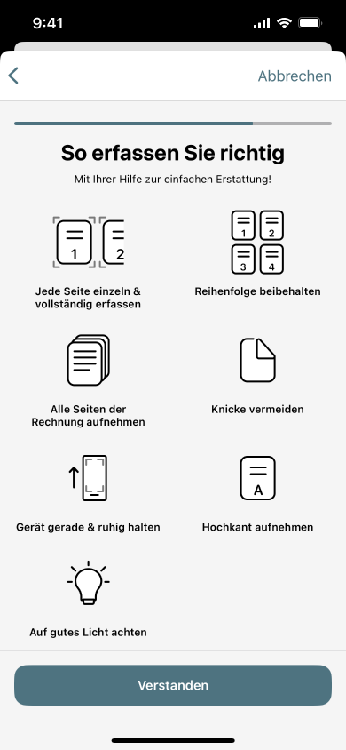 Bildschirmabbildung der Gesundheitsapp: Anleitung zur Rechnungserfassung