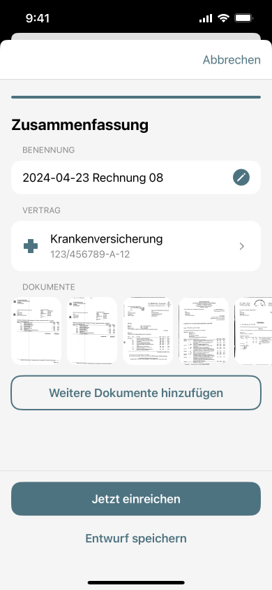 Bildschirm der Gesundheits-App mit einer Zusammenfassung hochgeladener Rechnungen