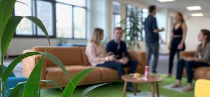 Das Bild zeigt einen modernen, hellen Büroraum mit großen Fenstern. Im Vordergrund befinden sich zwei braune Sofas und ein Holztisch auf einem grünen Teppich. Links steht ein gelber Sessel. Im Hintergrund sind Arbeitsplätze mit Computern und ein großer Bildschirm zu sehen.