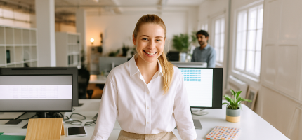 Eine Frau steht in einem Büro und lächelt in die Kamera.