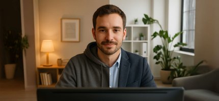 Eine Person arbeitet in einem gemütlich eingerichteten Raum mit Pflanzen und einer Lampe im Hintergrund