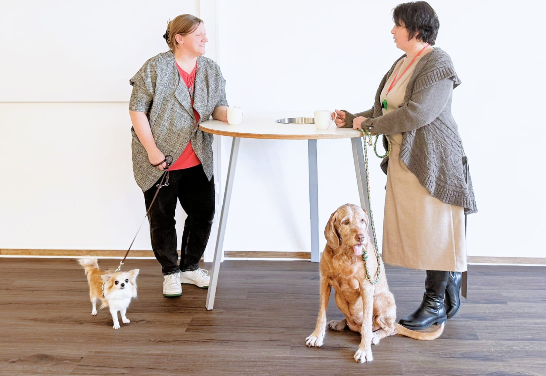 Zwei Personen stehen an einem hohen runden Tisch und unterhalten sich bei Kaffee. Jede hält einen Hund an der Leine: links ein kleiner, hellbraun-weißer Hund, rechts ein größerer brauner Hund, der sitzt. 