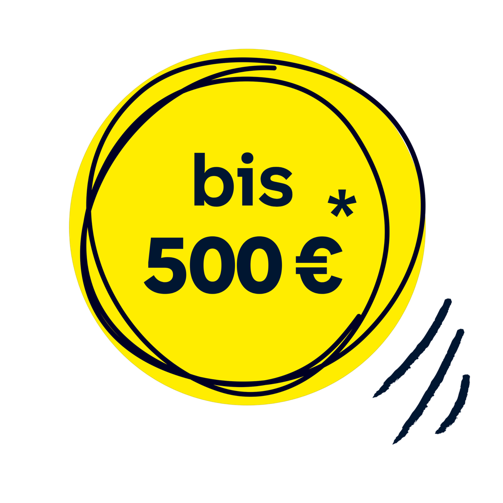 Gelber Störer mit Aufschrift: bis 500 €