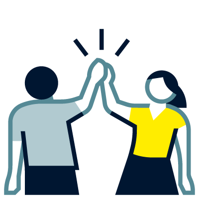 Illustration: Zwei Personen geben sich ein High‑Five, stilisierte flache Grafik mit Jubelstrichen.