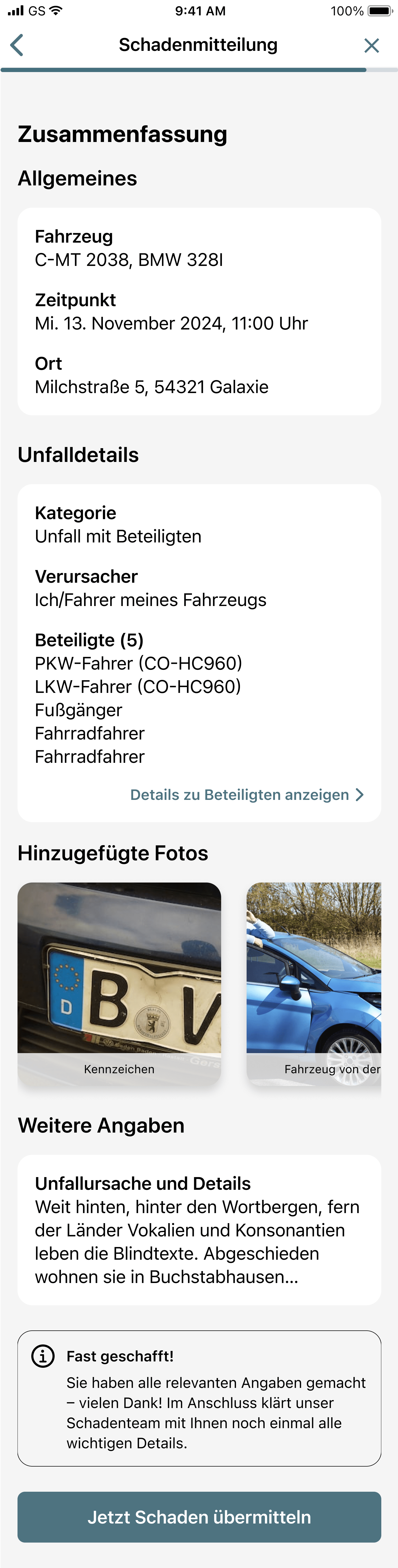 Beispiel-Bildschirmaufnahme der Zusammenfassung einer Schadenmitteilung