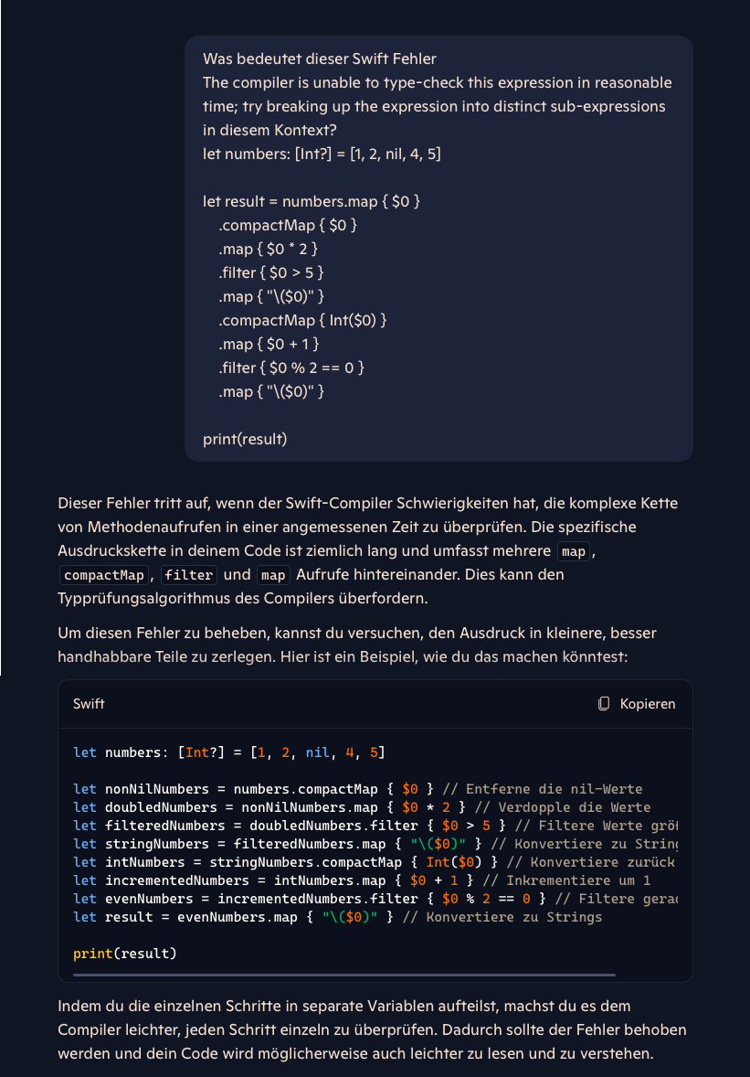 KI-Antwort mit einer Fehler-Erklärung