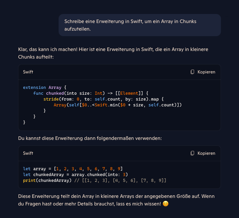 Bildschirmaufnahme wie eine KI eine Swift-Erweiterung schreibt