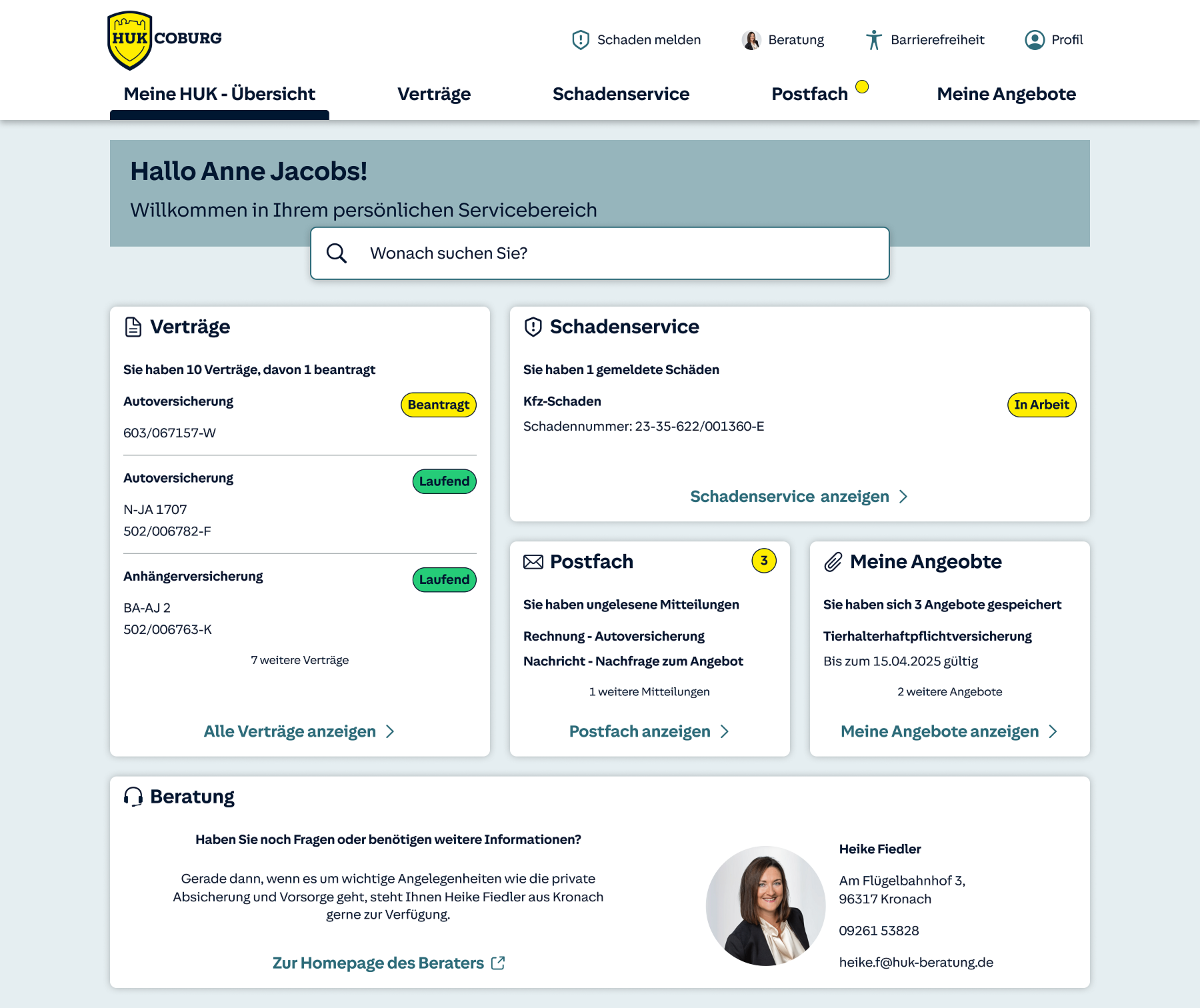 Vision der Startseite des Kundenordners mit veränderter Anordnung der Elemente