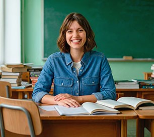 Junge Lehrerin sitzt in einem Klassenzimmer