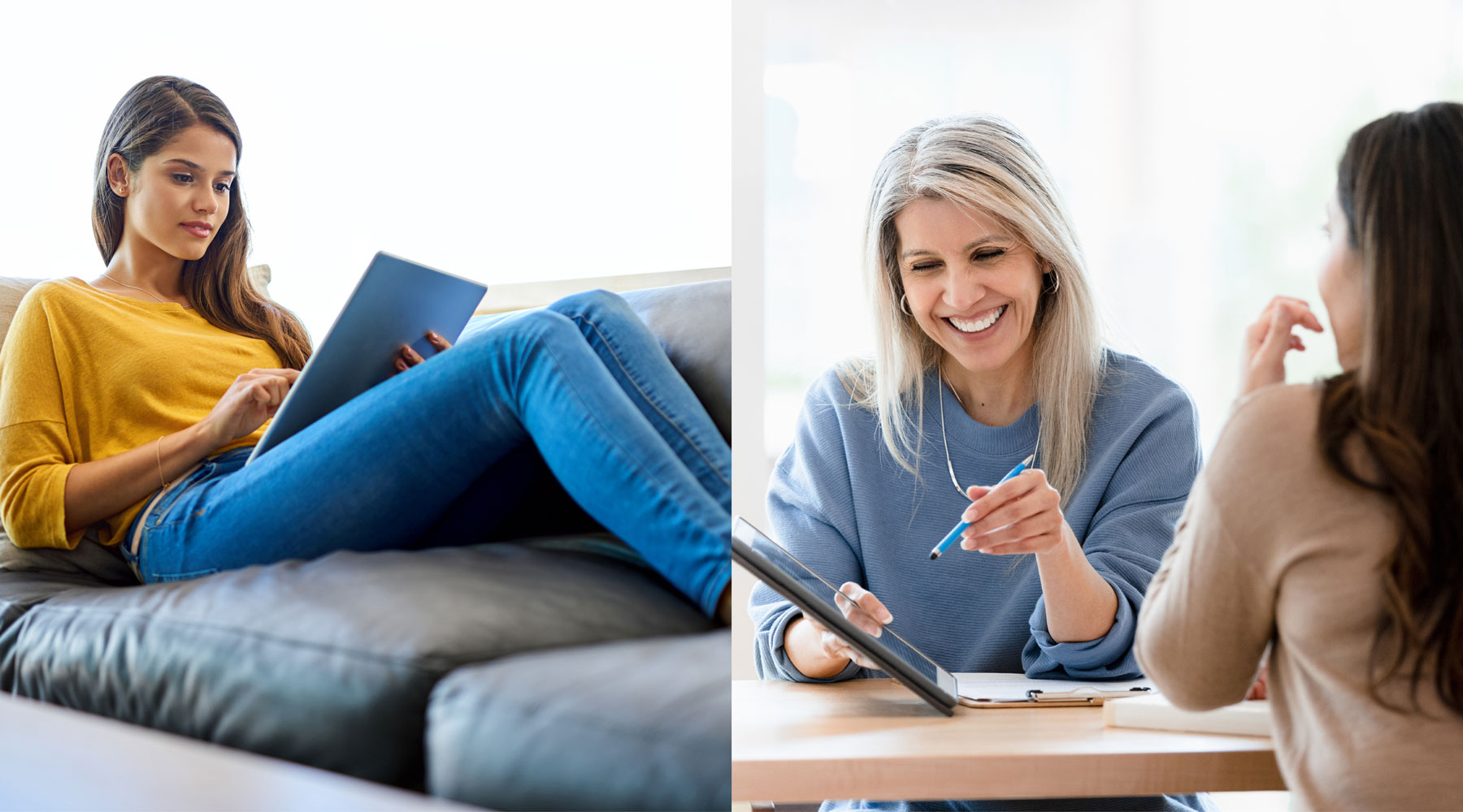 Zweigeteiltes Bild: Frau sitzt mit Tablet auf dem Sofa und zwei Frauen in einem Beratungsgespräch