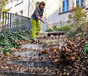 Frau kehrt Laub von der Treppe