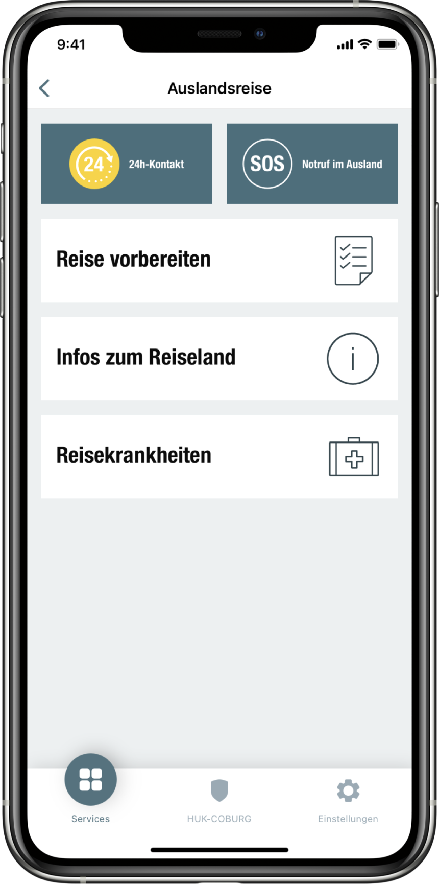 Meine Gesundheit App-Screen: Auslandsreise 24h-Kontakt, Notruf im Ausland, Reise vorbereiten, Infos zu Reiseland, Reisekrankheiten