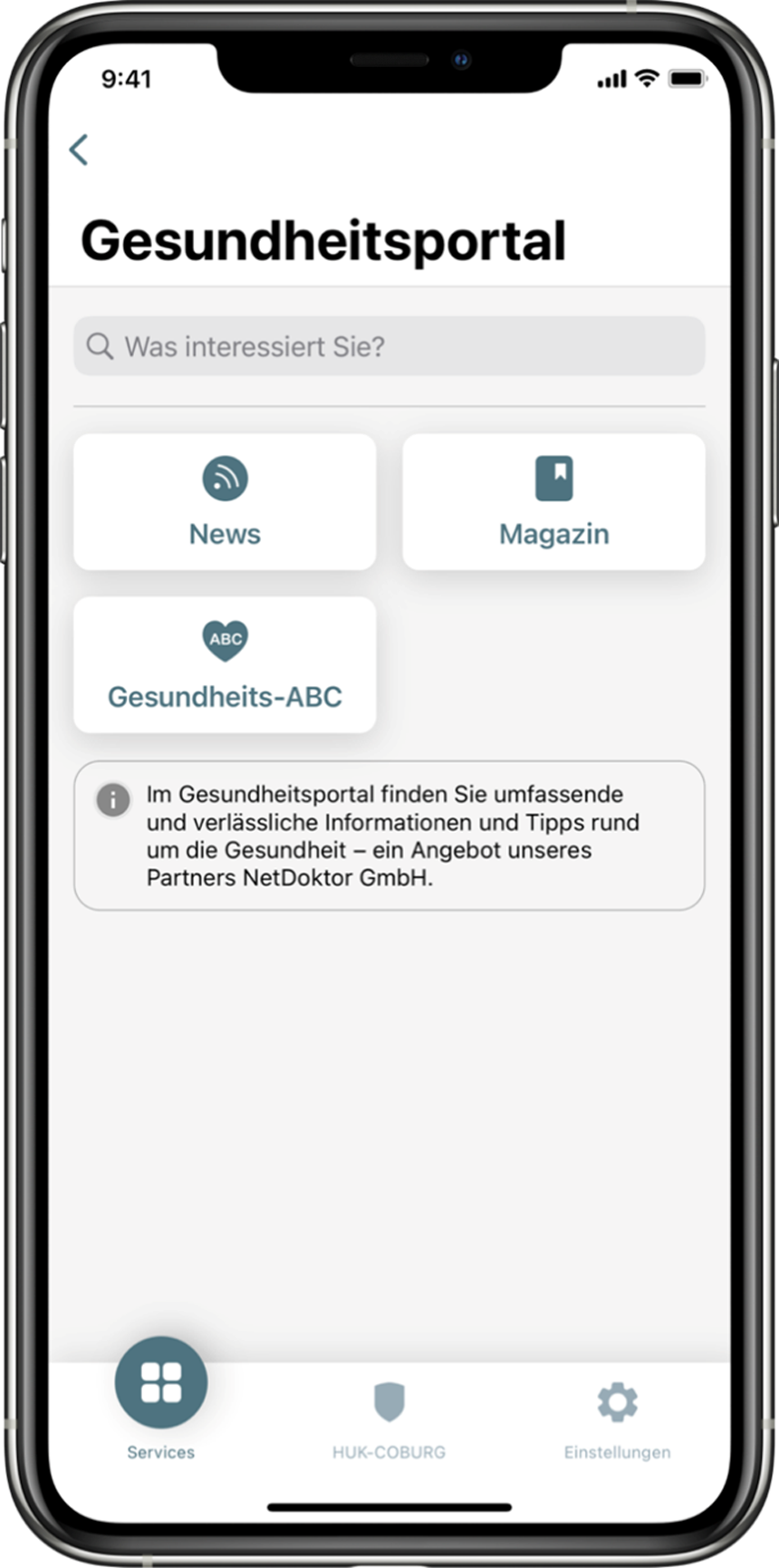 Screen des Gesundheitsportals aus der App Meine Gesundheit. Inhalt: News, Magazin, Gesundheits-ABC 