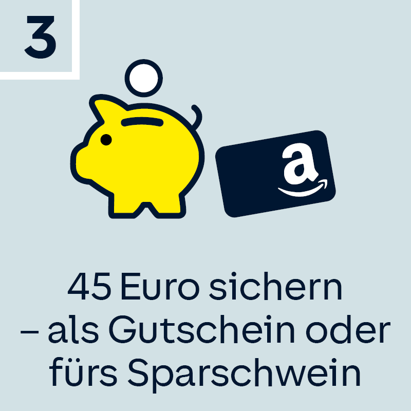 Die Ziffer 4 neben einer Sparschwein-Grafik und einem Amazon Gutschein, darunter der Text: 45 Euro sichern - als Gutschein oder fürs Sparschwein