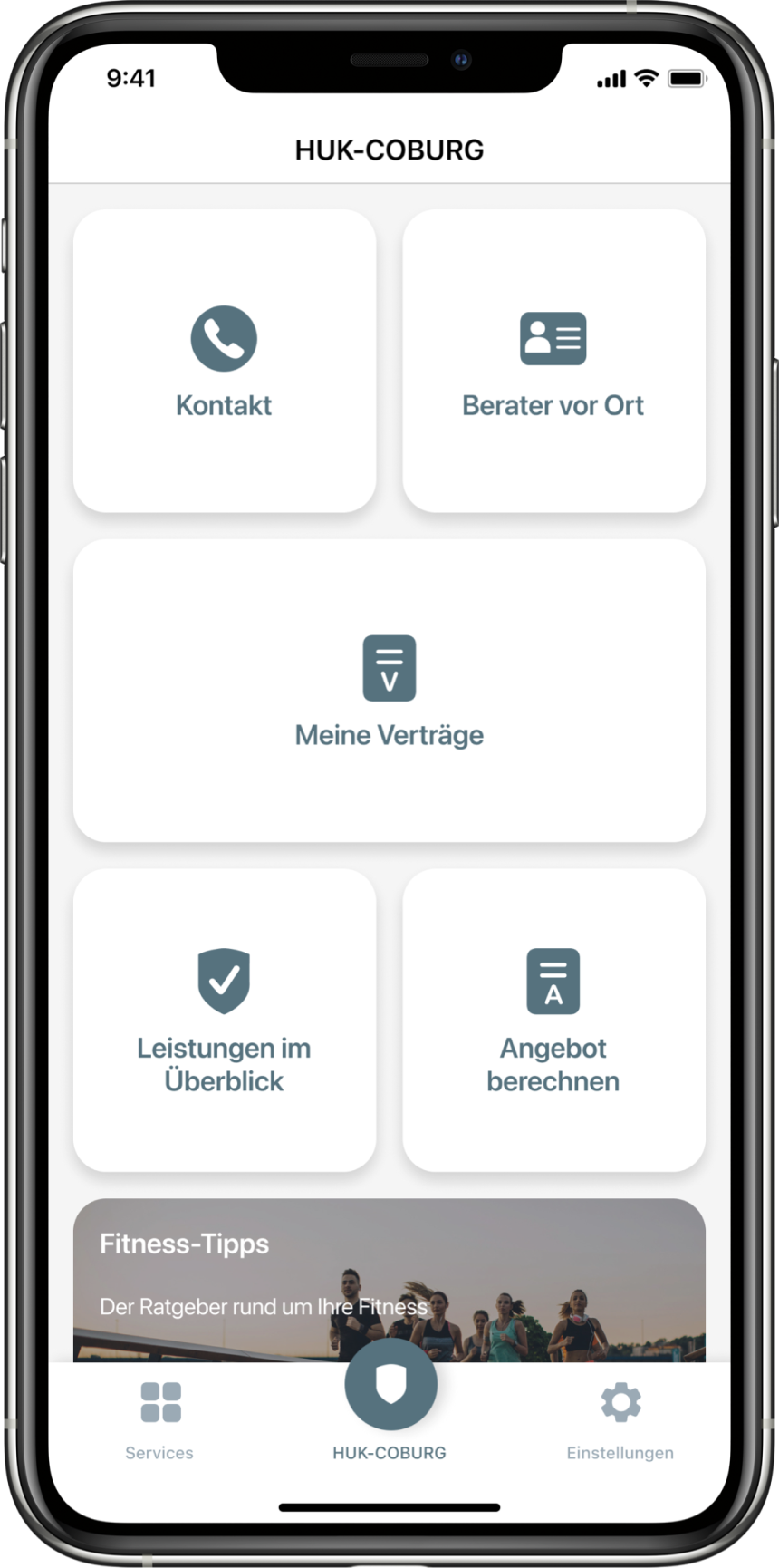 Screen der Krankenversicherung: Kontakt, Beratersuche, Meine Vertäge, Angebot berechnen