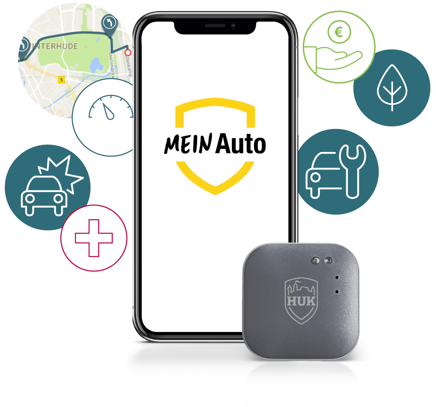 Handy mit Startbildschirm der App Mein Auto mit Telematik Box daneben