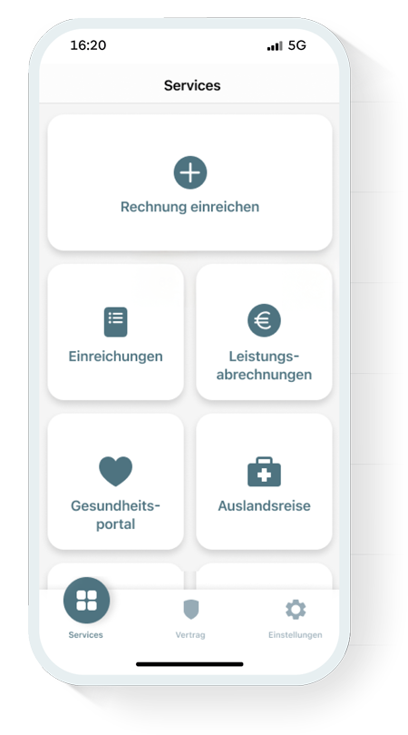 Screenshot einer App-Oberfläche mit Optionen: Rechnung einreichen, Einreichungen, Leistungsabrechnungen, Gesundheitsportal und Auslandsreise.