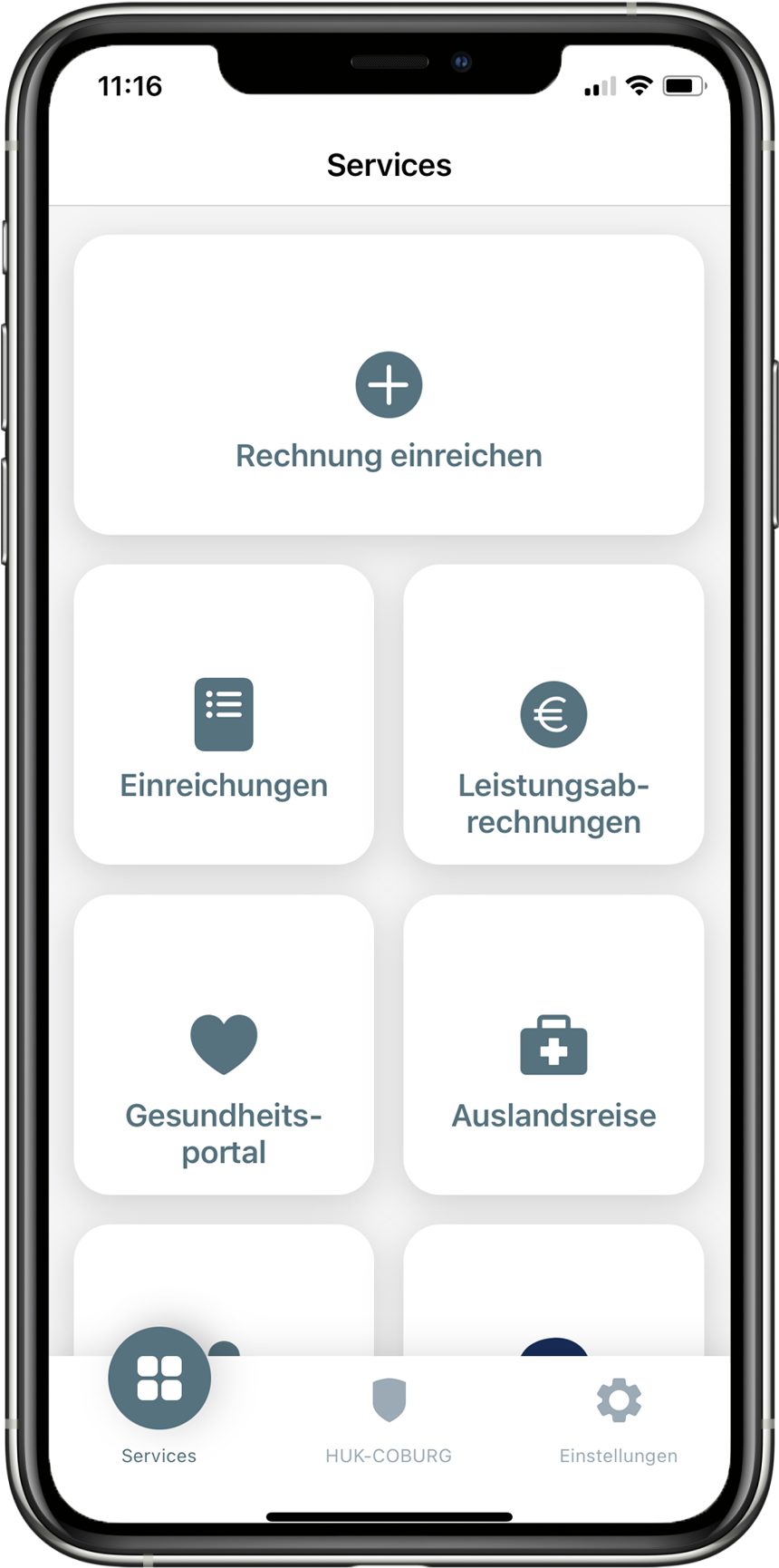 Meine Gesundheit App-Screen: Verschiedene Services wie Rechnung einreichen, Einreichungen, Leistungsabrechnungen, Gesundheitsportal, Auslandsreise