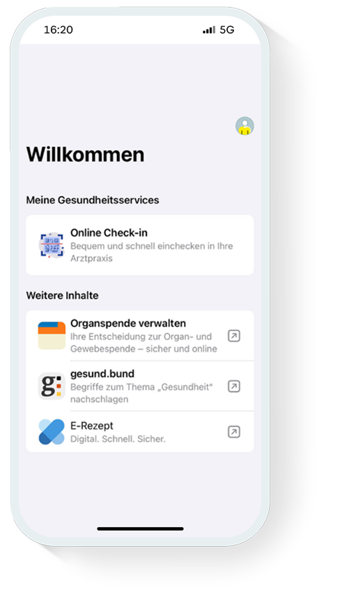 Das Bild zeigt einen Smartphone-Bildschirm mit der Überschrift &quot;Willkommen&quot; und Optionen für Gesundheitsservices wie &quot;Online Check-in&quot;, &quot;Organspende verwalten&quot;, &quot;gesund.bund&quot; und &quot;E-Rezept&quot;.