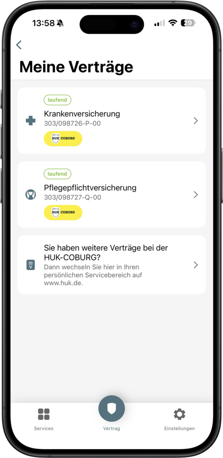 Smartphone-App zeigt laufende Verträge: Krankenversicherung, Pflegepflichtversicherung. Hinweis auf weitere Verträge