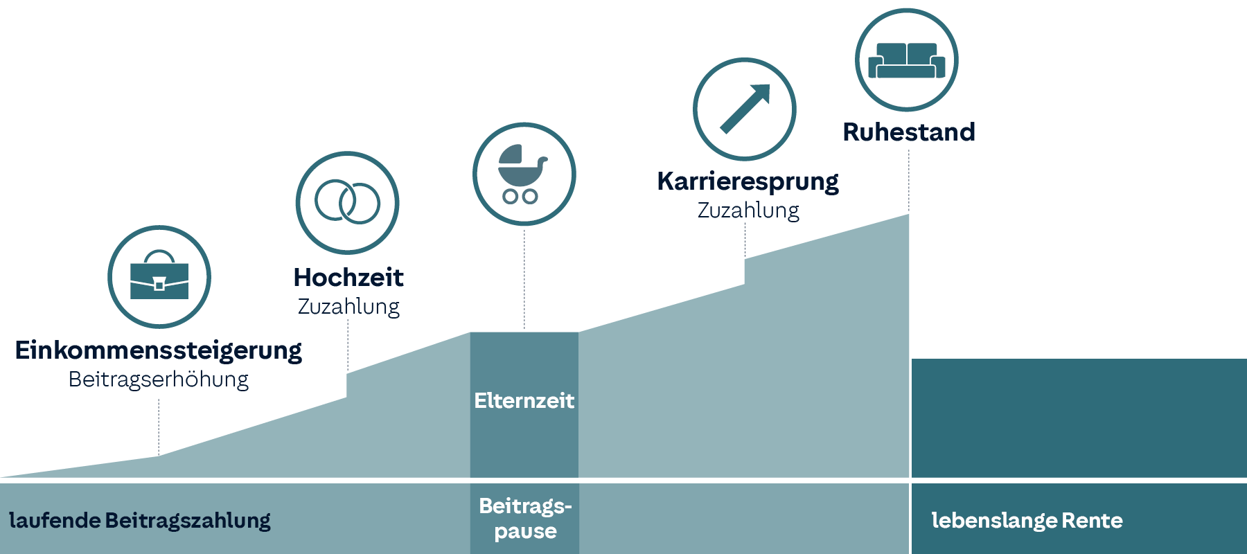 Schematische Darstellung wie sich die Rürup Rente über verschiedene Lebensphasen hin anpasst.