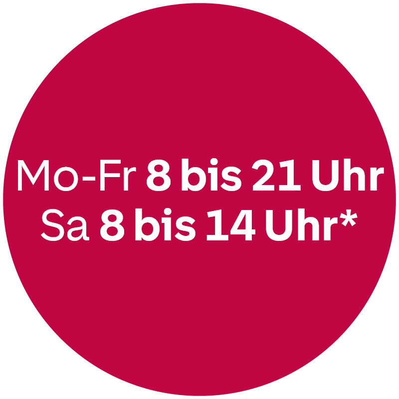 Öffnungszeiten Montag bis Freitag  von 8:00 bis 21:00 Uhr erreichbar und Samstags von 8:00 Uhr bis 14:00 Uhr