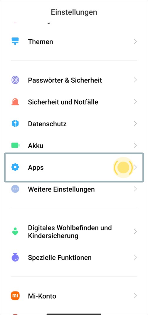 Ein Screenshot der Android-Einstellungen. Die Kategorie Apps ist hervorgehoben. Auf den hervorgehobenen Bereich soll der Nutzer klicken.