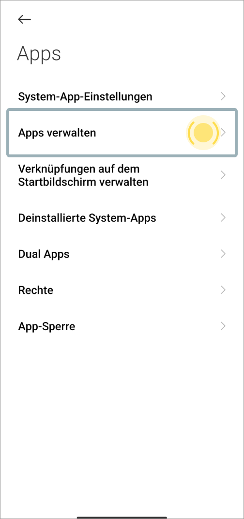 Ein Screenshot der Android-Einstellungen zu den Apps. Apps verwalten ist hervorgehoben. Diese Hervorhebung soll der Nutzer klicken.