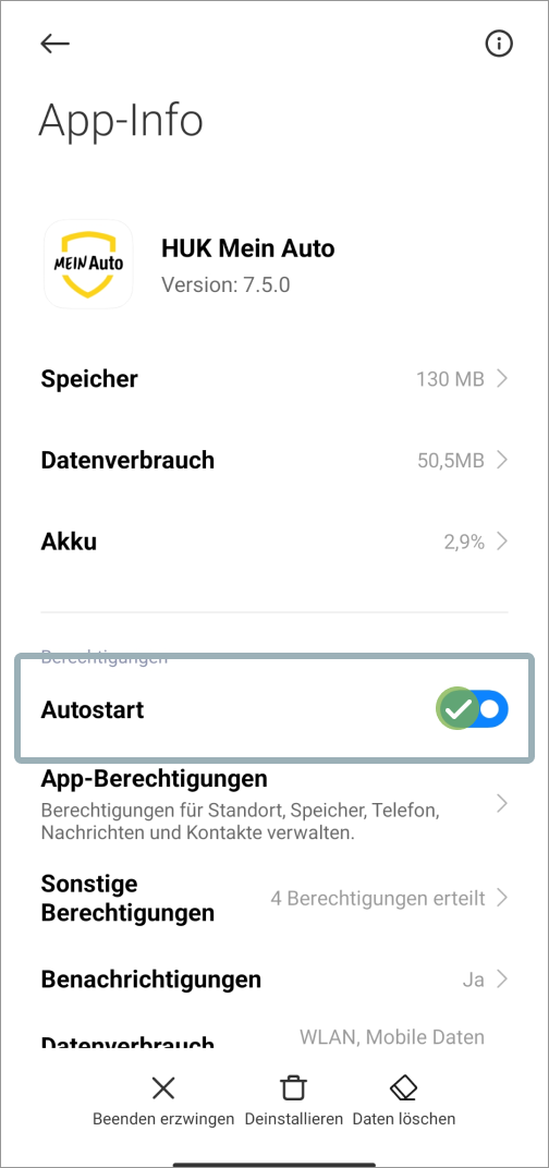 Ein Screenshot der Android-App-Einstellungen. In der App-Info zur HUK Mein Auto App ist die Berechtigung Autostart aktiviert.