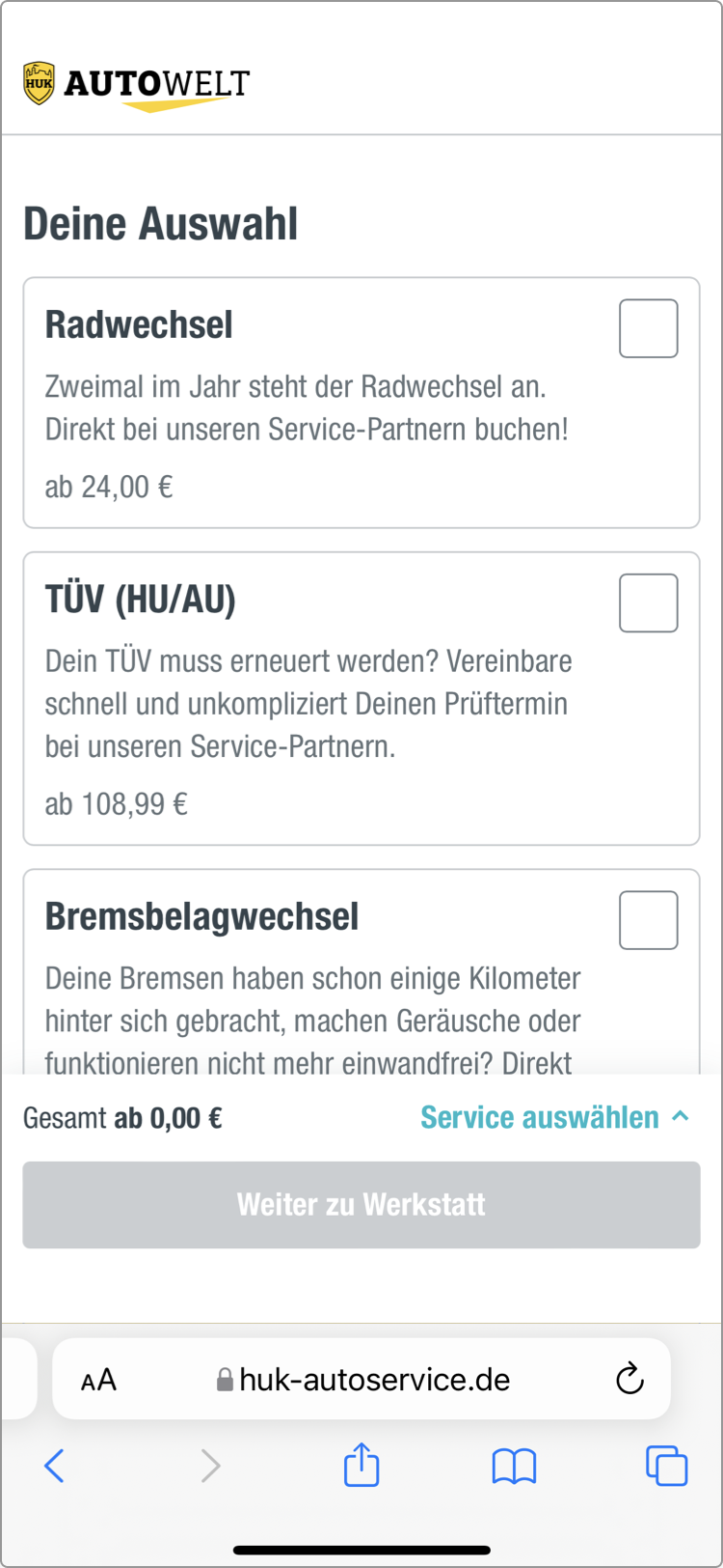 Screen-Ausschnitt Autoservice: Auswahl