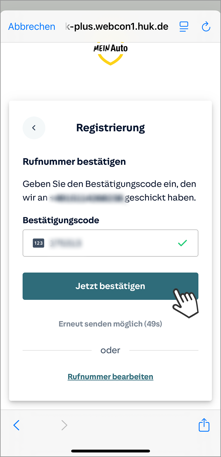 Telematik einrichten Fahrer: Bestätigungscode
