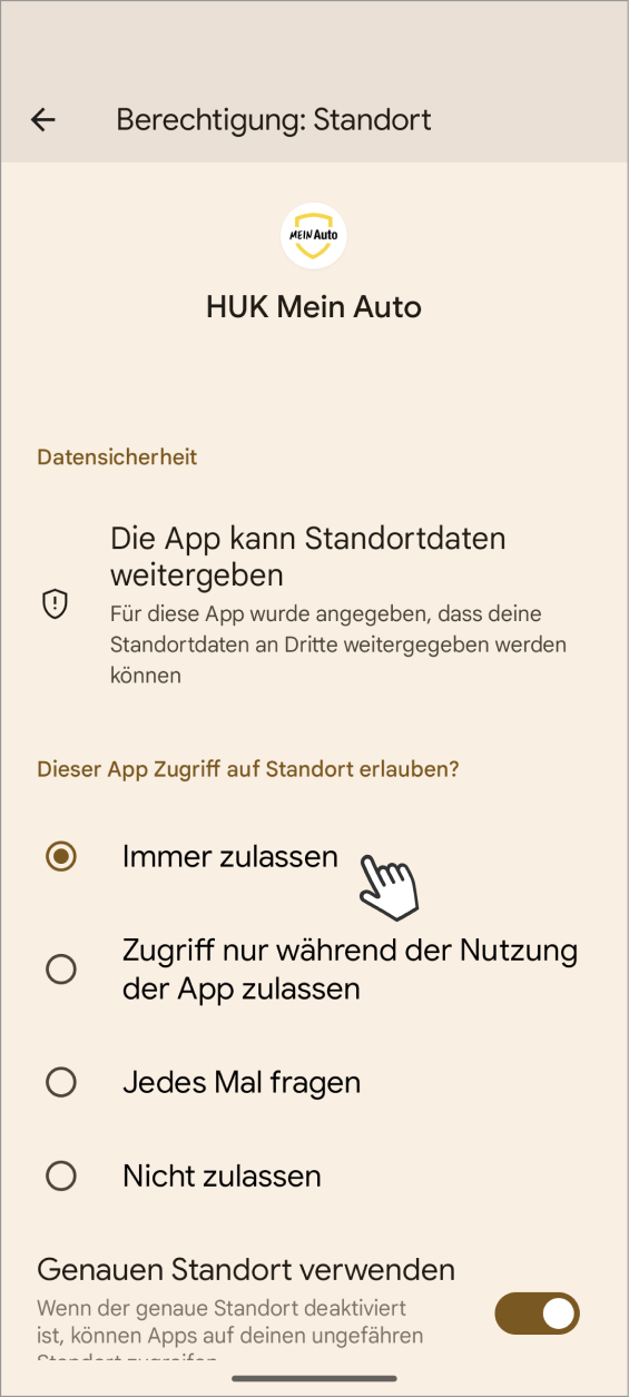 Telematik einrichten Fahrer Android: Standortfreigabe im Hintergrund