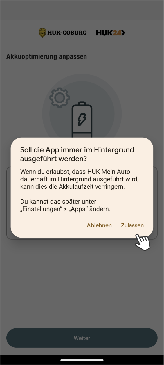 Telematik einrichten Fahrer Android: Akkuoptimierung „Zulassen”