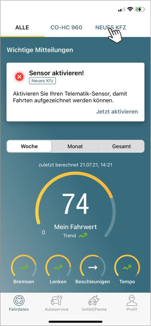 Neuer Sensor: Fahrzeug auswählen