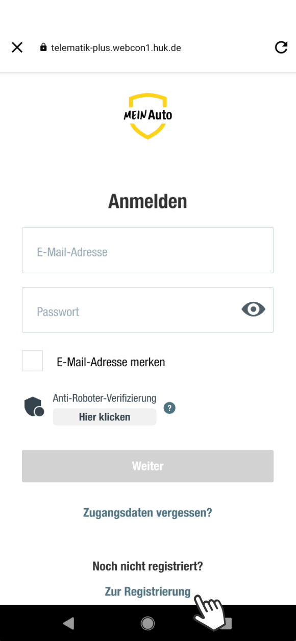 Ein Bild der Anmeldeseite von der App Mein Auto mit Eingabefeldern für E-Mail-Adresse und Passwort. Es gibt Optionen zum Speichern der E-Mail-Adresse. Unten gibt es Links für Zugangsdaten vergessen? und zur Registrierung.