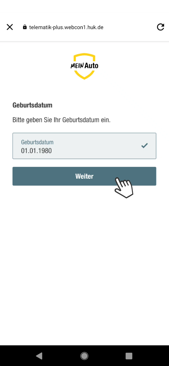 Das Bild zeigt eine Eingabeseite der App Mein Auto, auf der Nutzer aufgefordert werden, ihr Geburtsdatum einzugeben. Darunter befindet sich ein Button mit der Aufschrift Weiter. Oben ist das Mein Auto-Logo sichtbar.