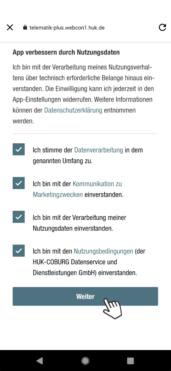 Bild der Zustimmungsseite für die Verarbeitung von Nutzungsdaten in der App Mein Auto. Der Text erklärt, dass der Nutzer mit der Verarbeitung seines Nutzungsverhaltens über die technisch erforderlichen Belange hinaus einverstanden ist und die Einwilligung jederzeit widerrufen kann. Es gibt Checkboxen für die Zustimmung zur Datenverarbeitung, Kommunikation zu Marketingzwecken, Verarbeitung von Nutzungsdaten und den Nutzungsbedingungen der HUK-COBURG. Unten befindet sich ein Weiter-Button. 