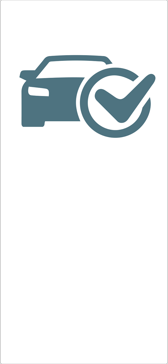 Das Bild zeigt ein blaues Symbol auf weißem Hintergrund. Das Symbol besteht aus einem stilisierten Auto und einem Häkchen innerhalb eines Kreises. Dieses Bild vermittelt die positive Aufnahme des Fahrzeugs in der App Mein Auto.