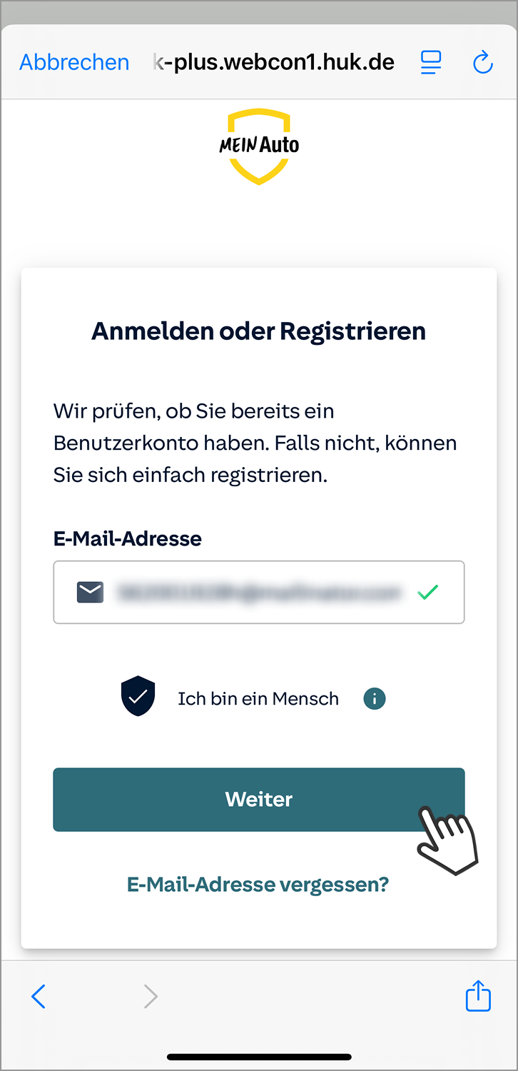 Das Bild zeigt einen Anmelde- oder Registrierungsbildschirm. Der Benutzer wird aufgefordert, seine E-Mail-Adresse einzugeben. Eine Checkbox mit der Beschriftung Ich bin ein Mensch dient als Sicherheitsüberprüfung. Ein Button mit der Aufschrift Weiter wird von einem Cursor angeklickt. Es gibt auch eine Option E-Mail-Adresse vergessen? für den Fall, dass der Benutzer seine E-Mail-Adresse nicht erinnert.