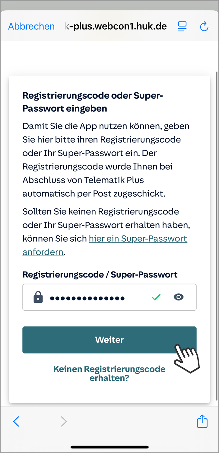 Telematik einrichten: Eingabe Registrierungscode oder Super-Passwort