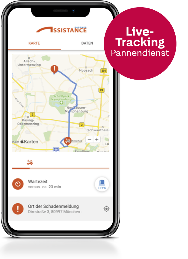 Smartphone mit dem Screen einer Karte mit Routenverlauf des Pannenservices und ein Störer mit dem Text: Live-Tracking Pannendienst