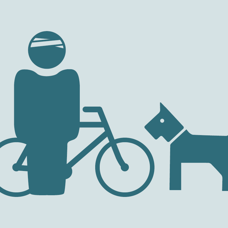 Schematische Darstellung: Mann mit verbundenem Kopf neben Fahrrad und Hund