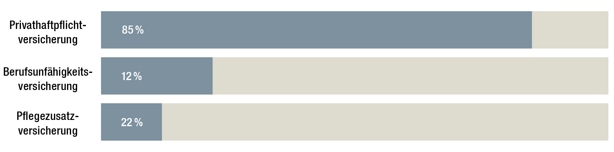 85% der deutschen Haushalte haben eine Privathaftpflichtversicherung, 22% eine Berufsunfähigkeitsversicherung und 12% eine Pflegezusatzversicherung