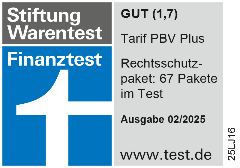 Finanztest Siegel, Rechtsschutz Tarif PBV Plus GUT (1,7), Ausgabe 02/2025