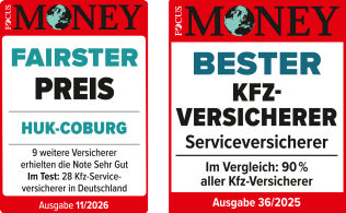 Focus Money Siegel: Fairster Preis (Ausgabe 11/2026), Bester Kfz-Versicherer (Ausgabe 36/2025)