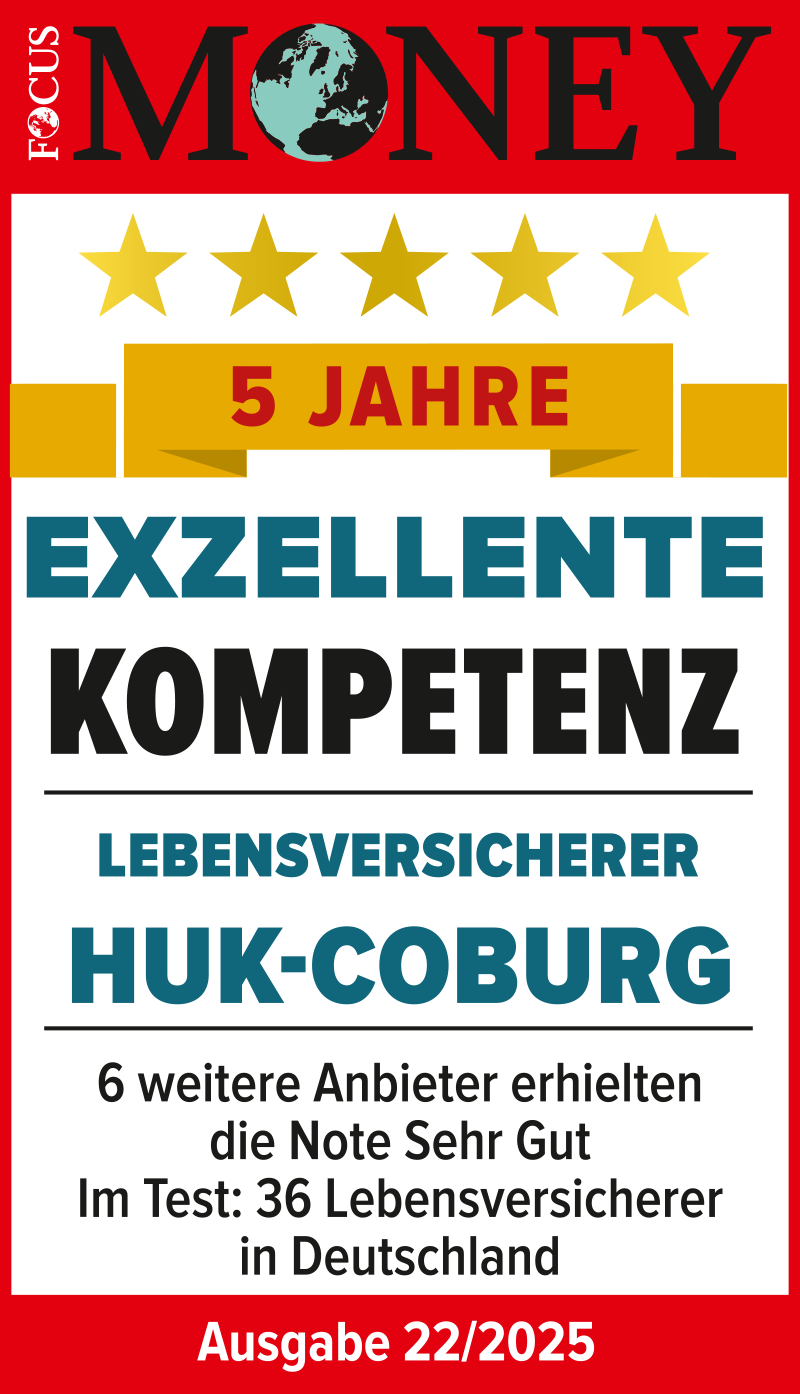 Focus Money Siegel: Exzellente Kompetenz in der Lebensversicherung mit der Note Sehr Gut, Ausgabe 22/2025.